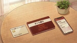 木製テーブルの上に置かれた、さくら銀行の通帳・キャッシュカード・インターネットバンキングアプリを表示したスマートフォンのイラスト。通帳には東京支店・口座番号・名義人（サトウ タロウ）が記載されている。