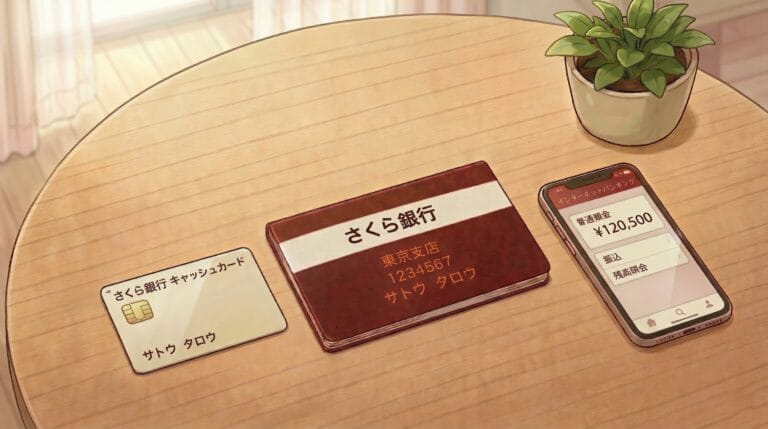 木製テーブルの上に置かれた、さくら銀行の通帳・キャッシュカード・インターネットバンキングアプリを表示したスマートフォンのイラスト。通帳には東京支店・口座番号・名義人（サトウ タロウ）が記載されている。