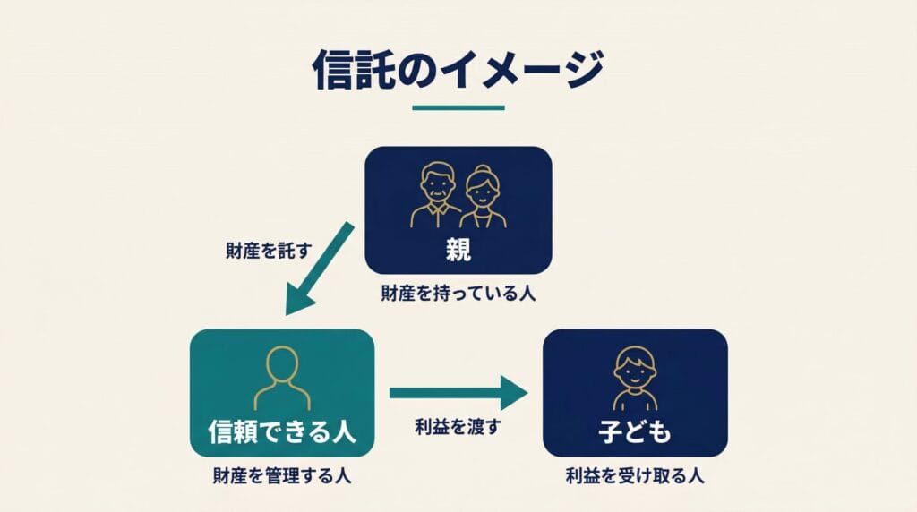 障害のある子どもを持つ親が信託を設定する仕組みを示した図。親（財産を持っている人）が信頼できる人（財産を管理する人）に財産を託し、その信頼できる人が子ども（利益を受け取る人）に利益を渡す流れを示している。