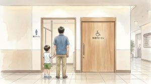 男性トイレと多目的トイレの前に立つ父子の後ろ姿