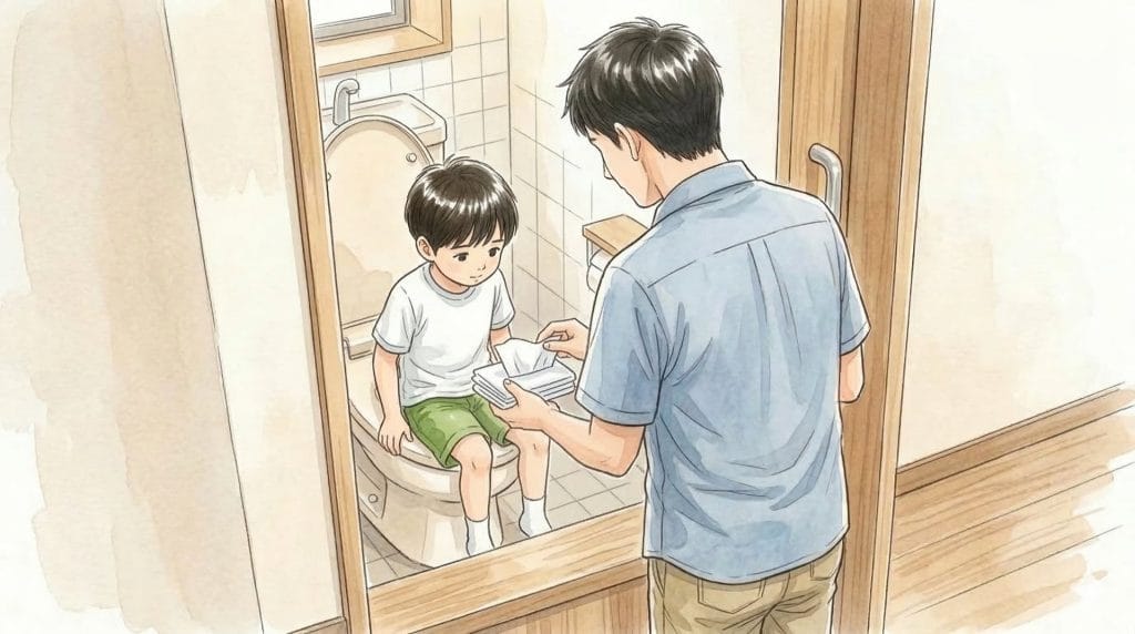 自宅トイレで個室の外に立ち、子どもにティッシュを手渡す父親