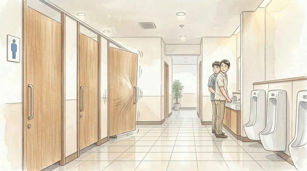 男性トイレの個室がドタバタと揺れているのを怪訝な顔で見る男性たち