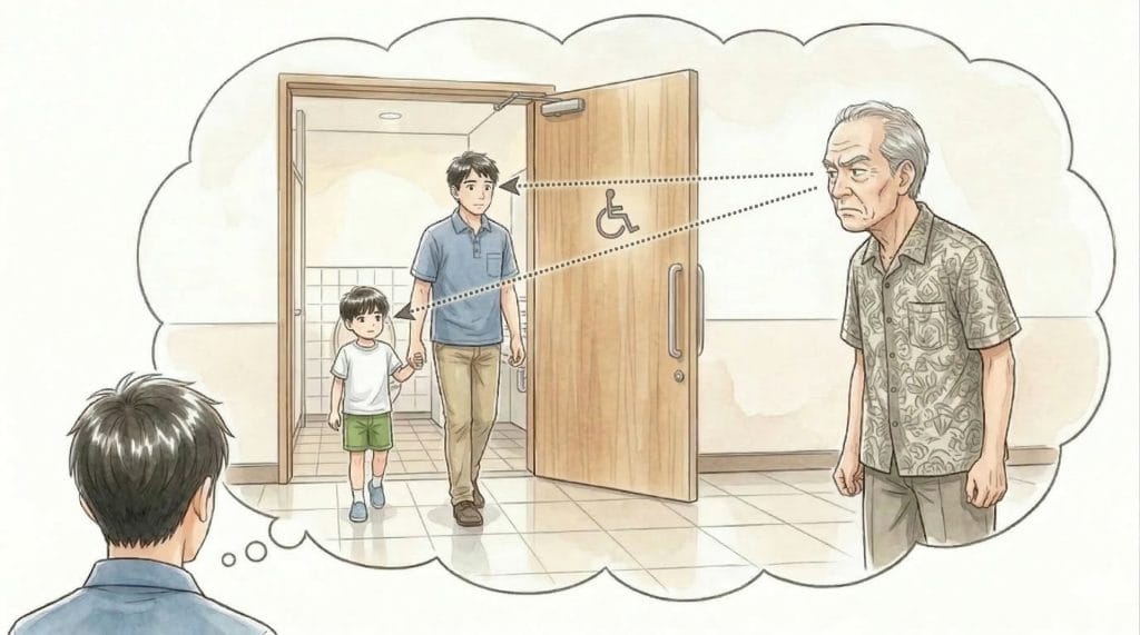 多目的トイレの前で、使用後に睨まれる場面を想像して躊躇する父親