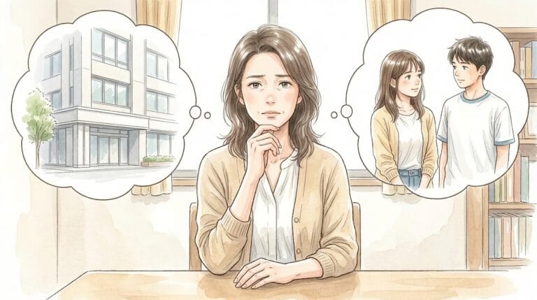 信託の受託者を信託会社にするか、きょうだいにするか悩む母親のイラスト