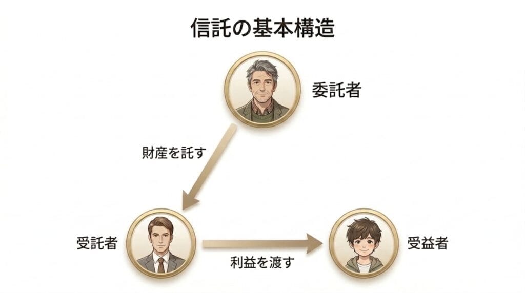 信託の基本構造を示した図解。上部に委託者（中年男性）、左下に受託者（スーツ姿の男性）、右下に受益者（子ども）が三角形に配置されており、委託者から受託者へ「財産を託す」、受託者から受益者へ「利益を渡す」矢印が描かれている。