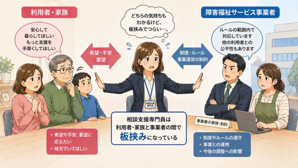 相談支援専門員が利用者・家族と障害福祉サービス事業者の間で板挟みになっている状況を示した図解