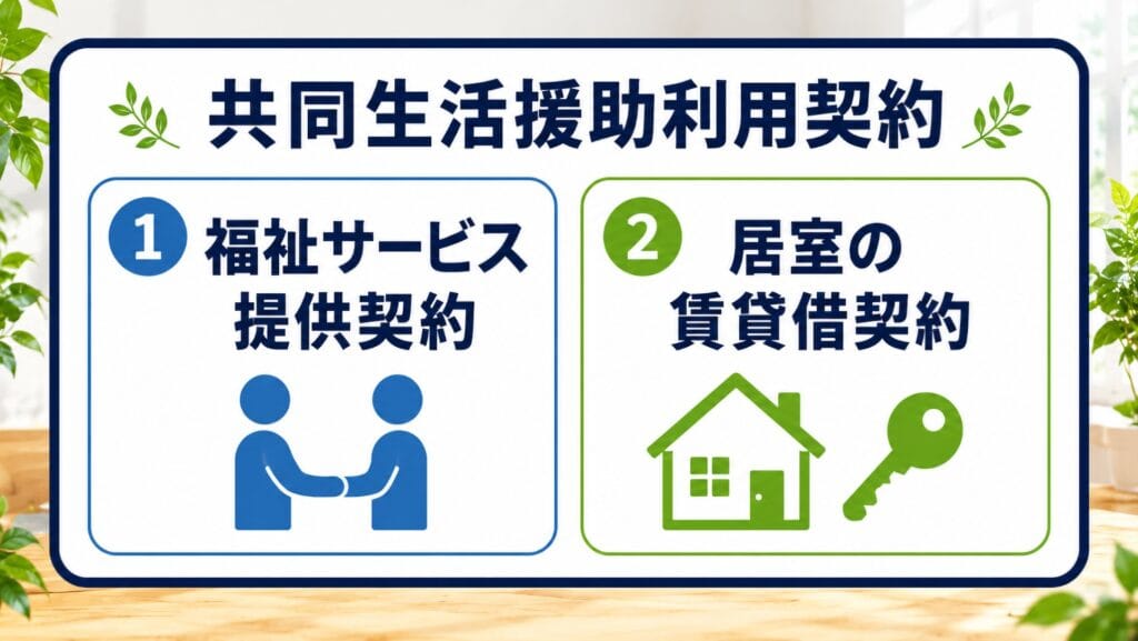 「共同生活援助利用契約」の構成を示す図解。大きなタイトルが上部にある。左側の青い枠①には「福祉サービス提供契約」とあり、握手する2人のピクトグラムが描かれている。右側の緑の枠②には「居室の賃貸借契約」とあり、家と鍵のイラストが描かれている。共同生活援助利用契約は、これら2つの契約から成り立つことを示している。
