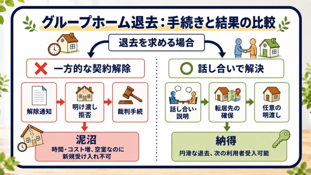 グループホーム退去の手続きと結果を比較したインフォグラフィック。上部に「退去を求める場合」というテキスト。左側の赤いルート(×印)は「一方的な契約解除」で、解除通知、明け渡し拒否、裁判手続と進み、結果は「泥沼(時間・コスト増、空室なのに新規受け入れ不可)」となる。右側の緑のルート(〇印)は「話し合いで解決」で、話し合い・説明、転居先の確保、任意の明渡しと進み、結果は「納得(円滑な退去、次の利用者受入可能)」となる。