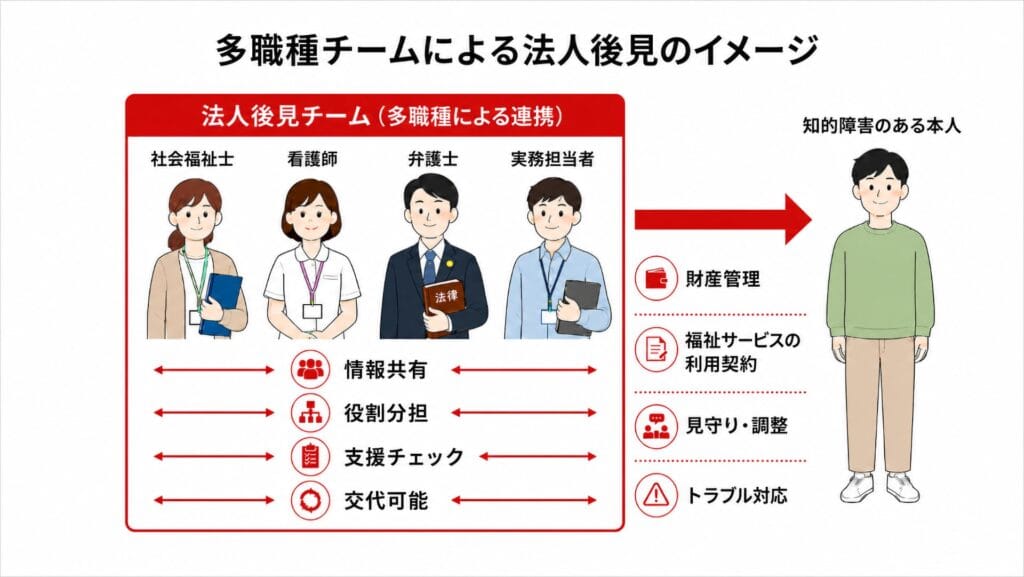 社会福祉士、看護師、弁護士、実務担当者による法人後見チームが、知的障害のある本人を支える仕組みを示した図解。情報共有、役割分担、支援チェック、交代可能という法人後見の特徴を表している。