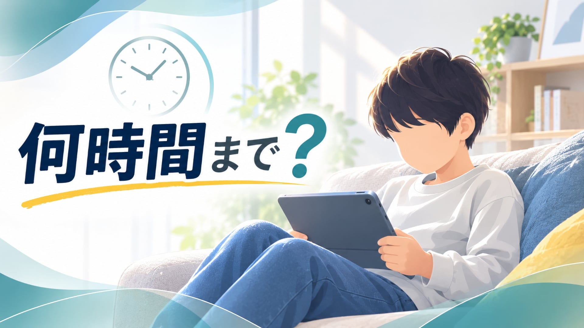 タブレットを利用する子どもと「何時間まで？」の文字を描いたイラスト