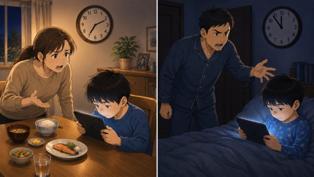 タブレットに夢中になり食事や就寝が後回しになっている子どもと、困ったり怒ったりして声をかける両親を描いたイラスト